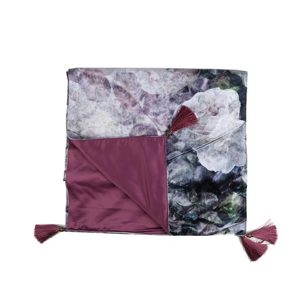 Sateen Lined Crushed Table Velvet Runner with White Roses Print and Tassels (Size 40x160 cm)