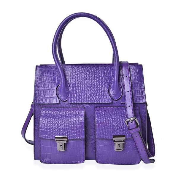 Genuine Leather Purple Colour Croc and Ostrich Embossed Tote Bag with External Zipper Pocket and Adj