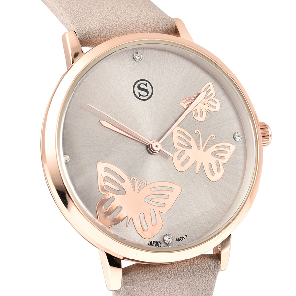STRADA Japanese Movement Butterfly Pattern Dial Gold Tone Case White Austrian Crystal Studded Water Resistant Watch with Light Grey Colour Strap