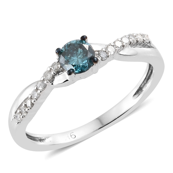 Blue Diamond and White Diamond Solitaire Design Ring in 9K White Gold