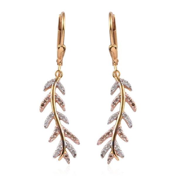 Natural Champagne Diamond, White Diamond 0.25 Carat Leaf Lever Back Earrings in Yellow Gold Overlay 