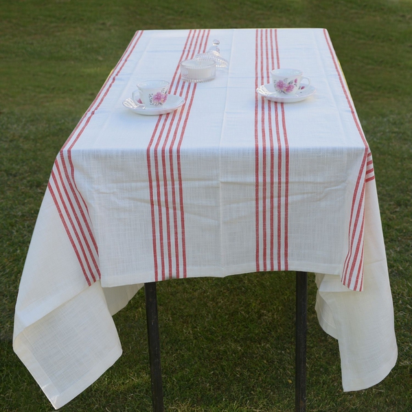 100% Cotton Rust Red Colour Stripe Pattern White Colour Table Cover (Size 235x150 Cm)