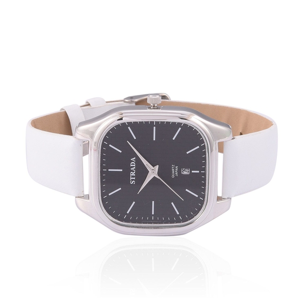 STRADA Japanese Movement Black Dial Water Resistant Watch in Silver Tone with Stainless Steel Back and White Strap