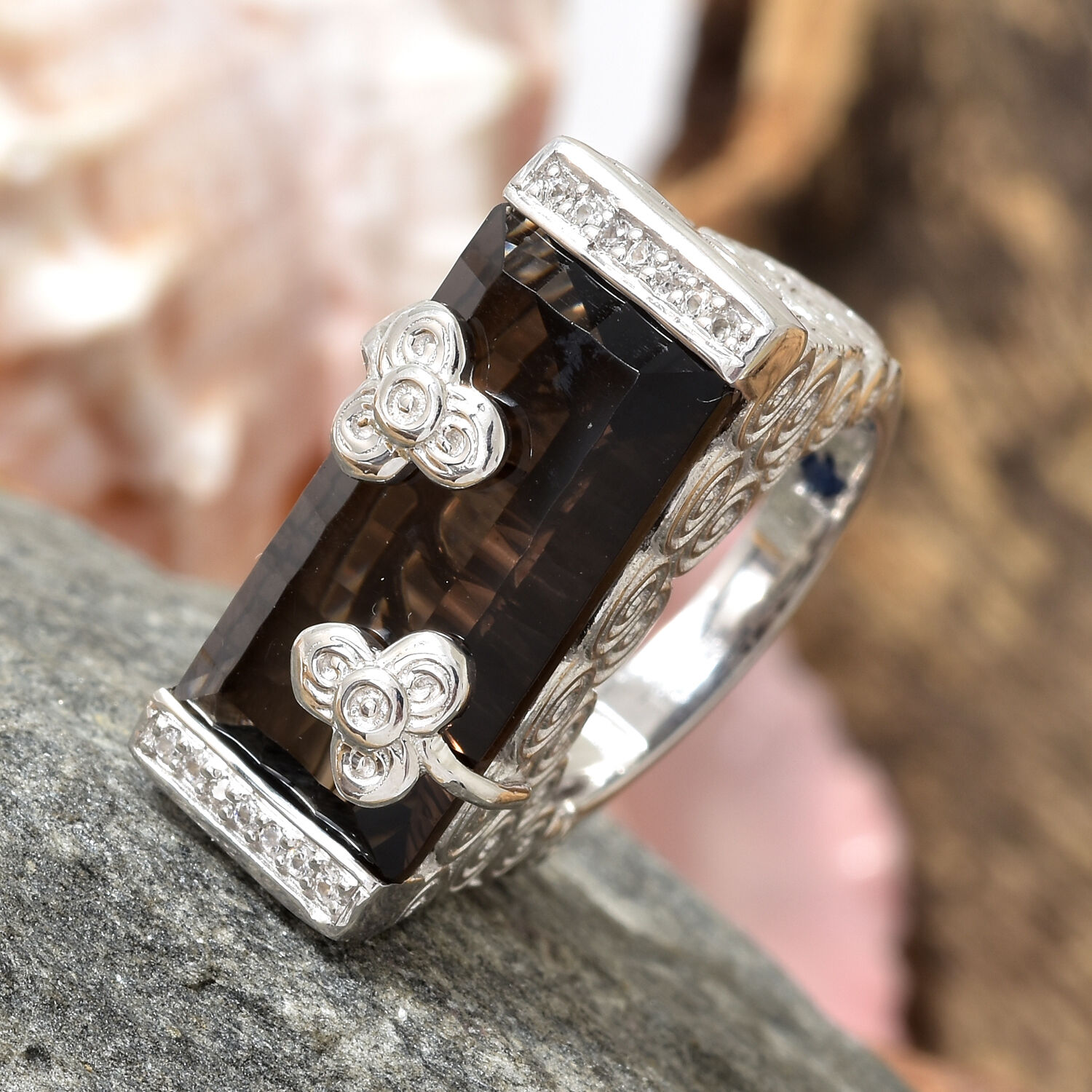 GP Brazilian Smoky Quartz (Bgt 9.88 Ct), Natural White Cambodian Zircon and Kanchanaburi Blue Sapphire Ring in Platinum Overlay Sterling Silver 10.000 Ct, Silver wt 9.00 Gms.