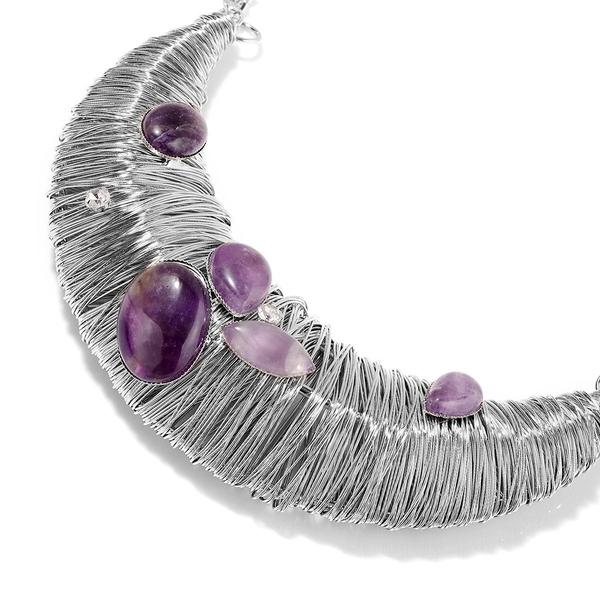 Amethyst and White Austrian Crystal Necklace (Size 18 with 2 inch Extender) in Silver Tone
