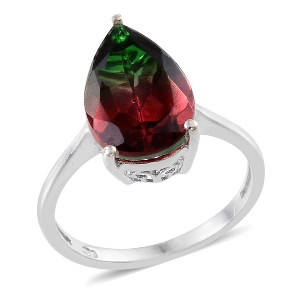 Tourmaline Colour Quartz (Pear) Solitaire Ring in Platinum Overlay Sterling Silver 6.000 Ct.