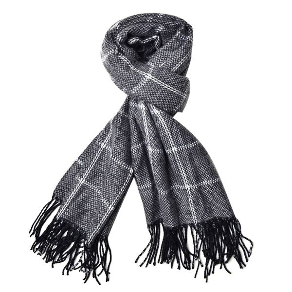 Close Out Deal - Italian Designer Black and Grey Colour Checks Pattern Scarf with Tassels (Size 190X