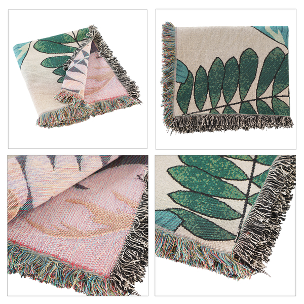 100% Cotton Jacquard Woven Tropical Leaf Print Throw with Fringes (Size 155x125 Cm) - Green