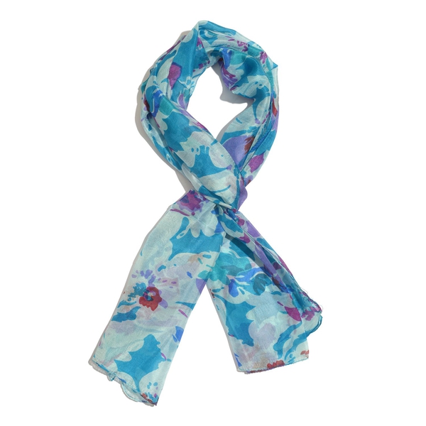 SILK MARK- Made In Kashmir 100% Mulberry Silk Blue, Green and Multi Colour Abstract Pattern Scarf (Size 170x50 Cm)