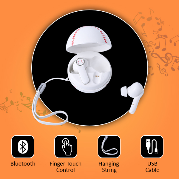 Bluetooth Wireless Earbuds with USB Port and Baseball Shaped Charging Box - White and Red