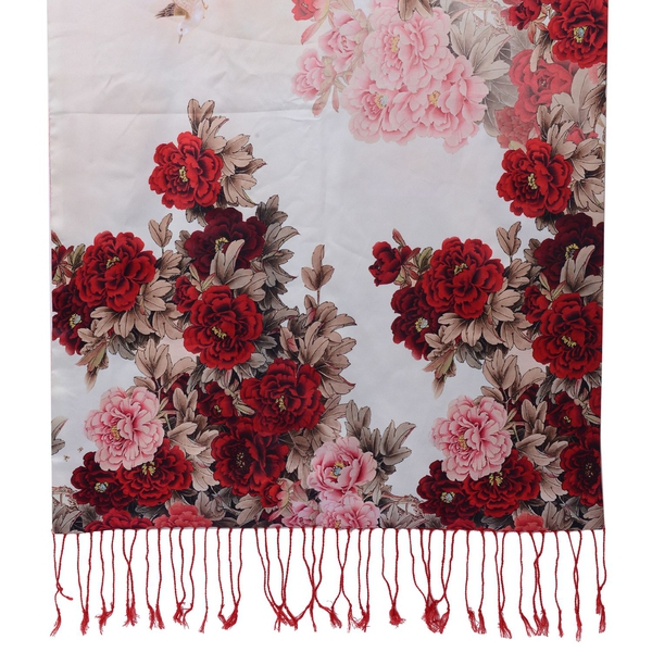 Double Sided Digital Flowers Printed Red, Pink, White and Multi Colour Scarf with Fringes (Size 165x50 Cm)