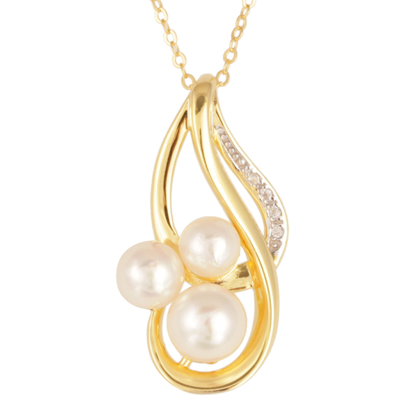 Japanese Akoya Pearl (Rnd), White Topaz Pendant With Chain in Yellow Gold Overlay Sterling Silver