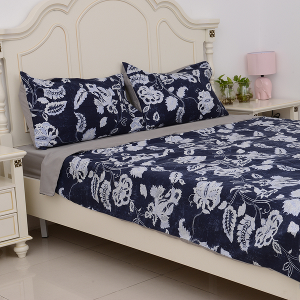 Microfibre Printed Fabric Blue Duvet Cover with Floral Design (Size 200x200 Cm), Fitted Sheet (Size 