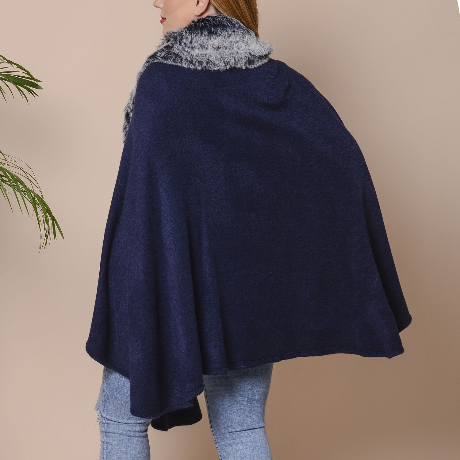 Half Moon Faux Fur Collar Cape (Size 124x76 Cm) - Navy Blue Colour