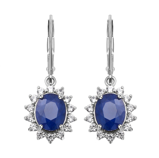 Blue Sapphire and Natural Cambodian Zircon Dangling Earrings (with Lever Back) in Rhodium Overlay St