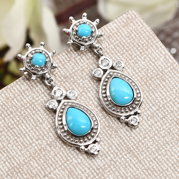 Arizona Sleeping Beauty Turquoise and Natural Cambodian Zircon Dangle Earrings (with Push Back) in Platinum Overlay Sterling Silver 2.02 Ct.