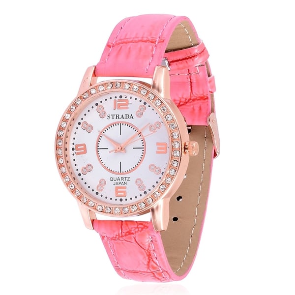 STRADA Japanese Movement White Austrian Crystal Studded White Dial Water Resistant Watch in Rose Gol