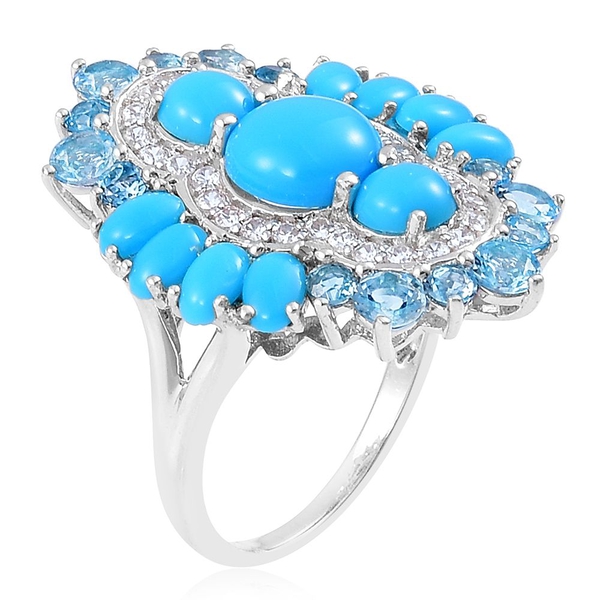 Arizona Sleeping Beauty Turquoise (Rnd), Swiss Blue Topaz and White Zircon Ring in Platinum Overlay Sterling Silver 6.500 Ct.