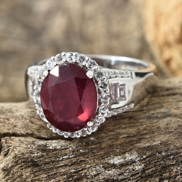 African Ruby (Ovl 6.40 Ct), White Topaz Ring in Platinum Overlay Sterling Silver 7.500 Ct. Silver wt 5.80 Gms.