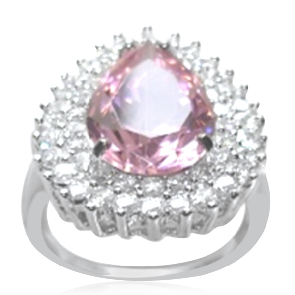 ELANZA AAA Simulated Pink Sapphire (Pear), Simulated Diamond Ring in Rhodium Plated Sterling Silver