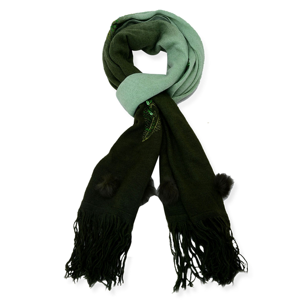 Sequin Feather Pattern Light and Dark Green Colour Scarf with Fur Trim (Size 170x70 Cm)
