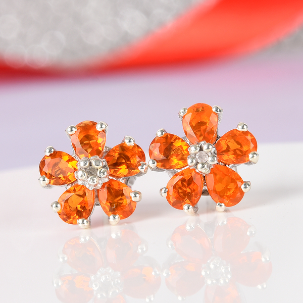 AA Jalisco Fire Opal (Pear), Diamond Flower Stud Earrings (with Push Back) in Platinum Overlay Sterling Silver 1.000 Ct.
