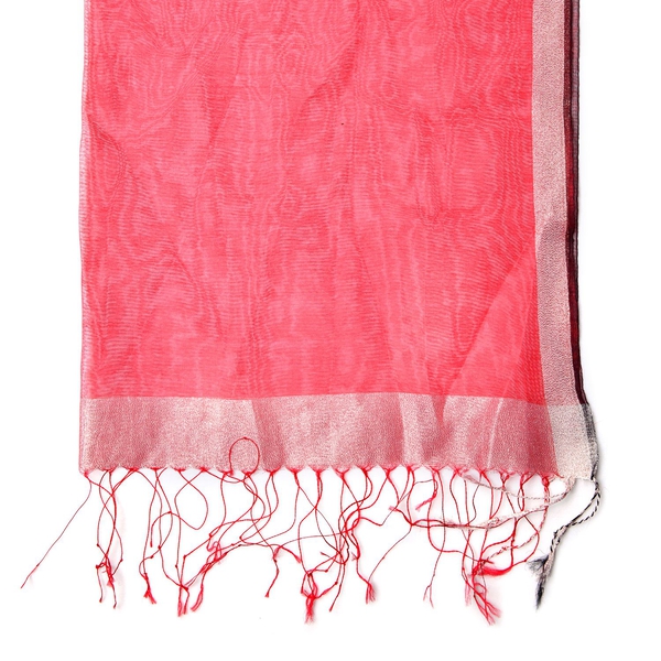 Red Colour Scarf with Golden Thread and Fringes at the Bottom 50 percent SILK 50 percent polyester (Size 175x65 Cm)