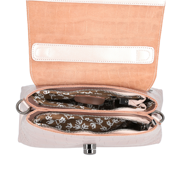 100% Genuine Leather Croc Embossed Satchel Bag with Detachable Shoulder Strap (Size 26.5x10.5x18.5 Cm) - Pink