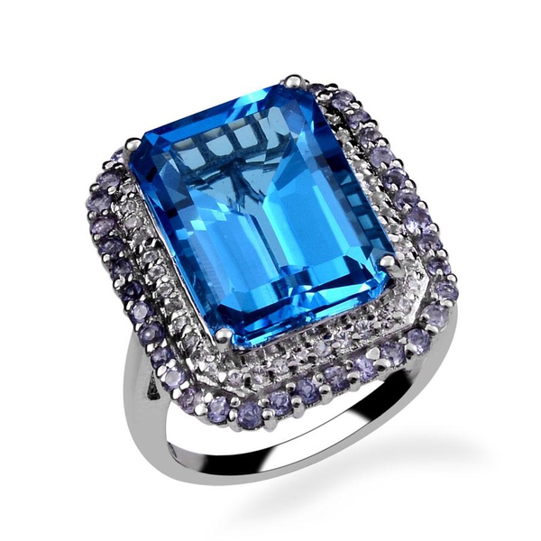 Electric Swiss Blue Topaz (Oct 17.75 Ct), Iolite and White Topaz Ring in Platinum Overlay Sterling S