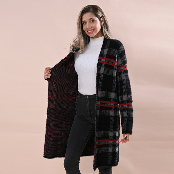 LA MAREY Check Pattern Sweater Cardigan (Size 90x54 Cm) - Black & Grey