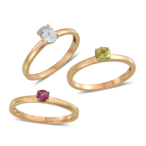 Set of 3 - Sky Blue Topaz (Ovl), Hebei Peridot and Rhodolite Garnet Solitaire Ring in 14K Gold Overl