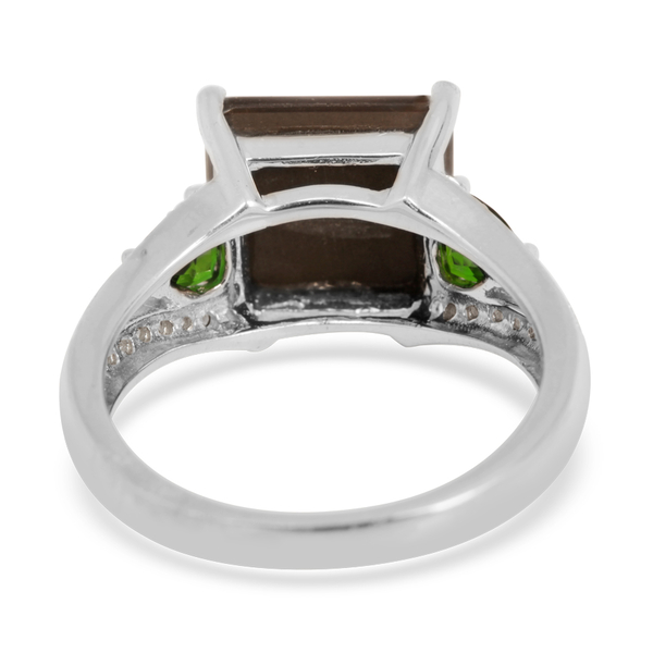 Canadian Ammolite (Sqr 3.25 Ct), Chrome Diopside and White Topaz Ring in Platinum Overlay Sterling Silver 3.950 Ct.