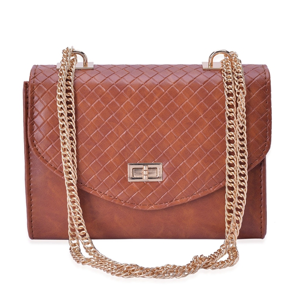 Chocolate Colour Diamond Pattern Handbag with Chain Strap (Size 22x15x9.5 Cm)
