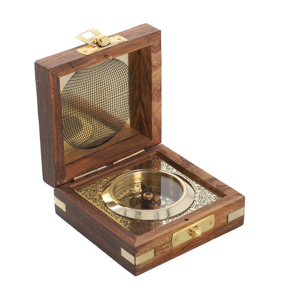 Handcrafted Wooden Box With Built in Silvertone Compass (Size 8.3X8.3X3.5 Cm) - Brown