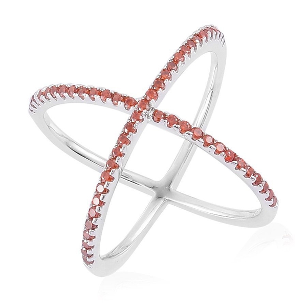 ELANZA AAA Simulated Garnet (Rnd) Criss Cross Ring in Rhodium Plated Sterling Silver