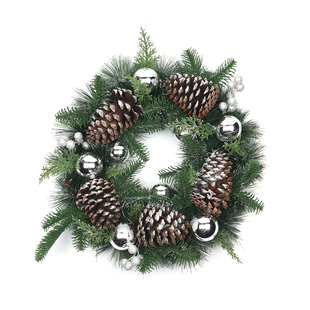 Decorative Christmas Wreath (45 Cm) Embellished with Silver Balls, Pine Cones and LED String Light P