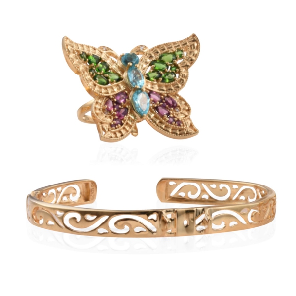 GP Paraibe Apatite (Pear 1.00 Ct), Chrome Diopside, Rhodolite Garnet and Multi Gemstone Interchangeable Cuff Bangle, Ring and Butterfly Pendant in 14K Gold Overlay Sterling Silver 6.500 Ct.