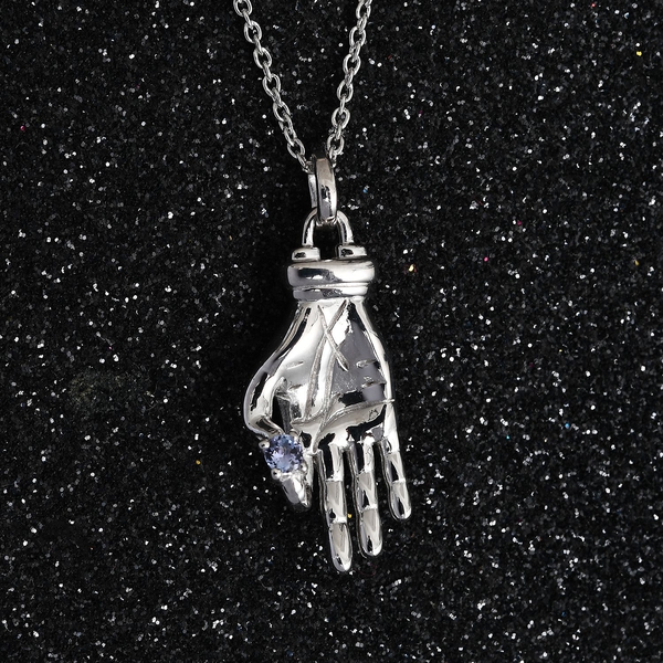 Tanzanite Hand Holding Pendant With Chain in Platinum Overlay Sterling Silver
