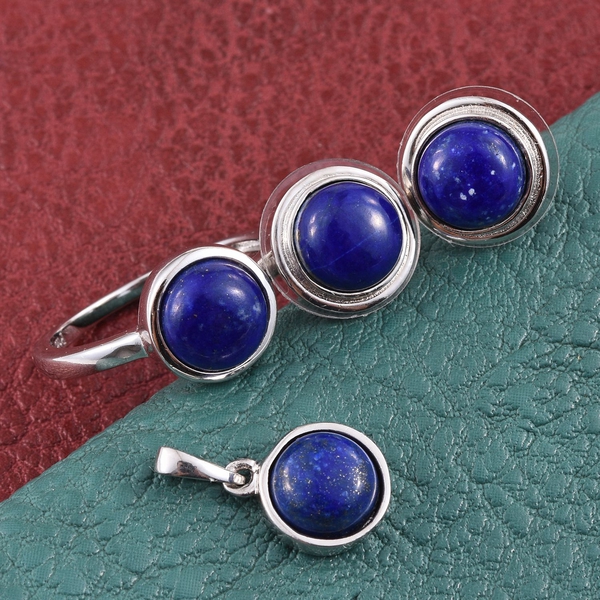 Lapis Lazuli (Rnd) Solitaire Ring, Pendant and Stud Earrings in ION Plated Platinum Bond 10.000 Ct.