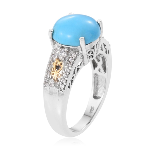 Arizona Sleeping Beauty Turquoise (Rnd 2.75 Ct), Natural Cambodian Zircon Ring in Platinum and Yellow Gold Overlay Sterling Silver 3.000 Ct.