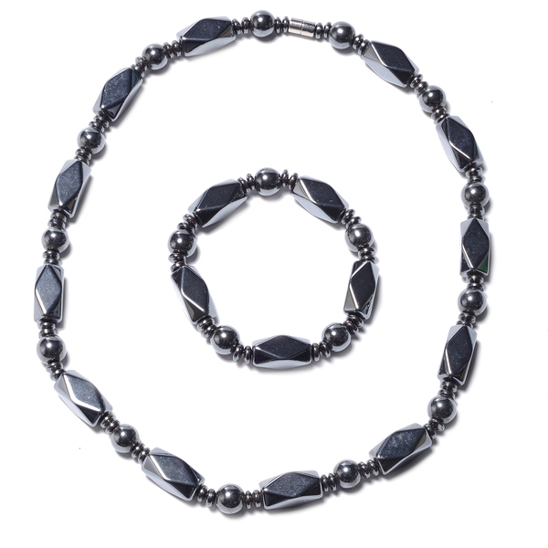 2 Piece Set - Hematite Necklace (Size 20) with Magnetic Lock and Stretchable Bracelet (Size 7.5) 922