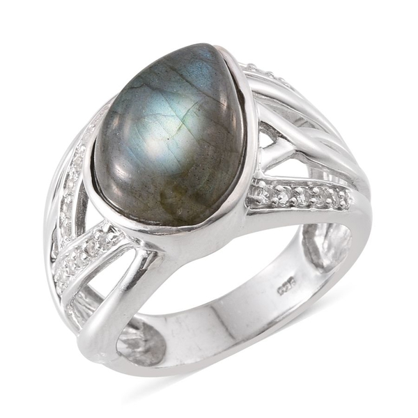 Labradorite (Pear 8.00 Ct), White Topaz Ring in Platinum Overlay Sterling Silver 8.500 Ct.