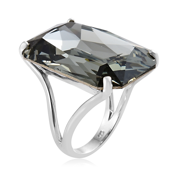 J Francis  - Rare Size Black Diamond Colour Crystal (Oct 27x18 mm) Ring in Platinum Overlay Sterling Silver, Silver wt 5.70 Gms.