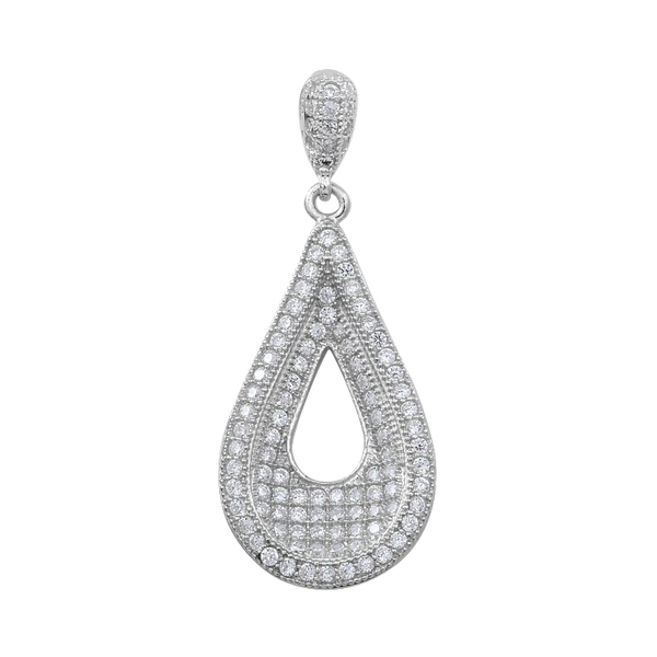 ELANZA AAA Simulated Diamond (Rnd) Teardrop Pendant in Rhodium Plated Sterling Silver