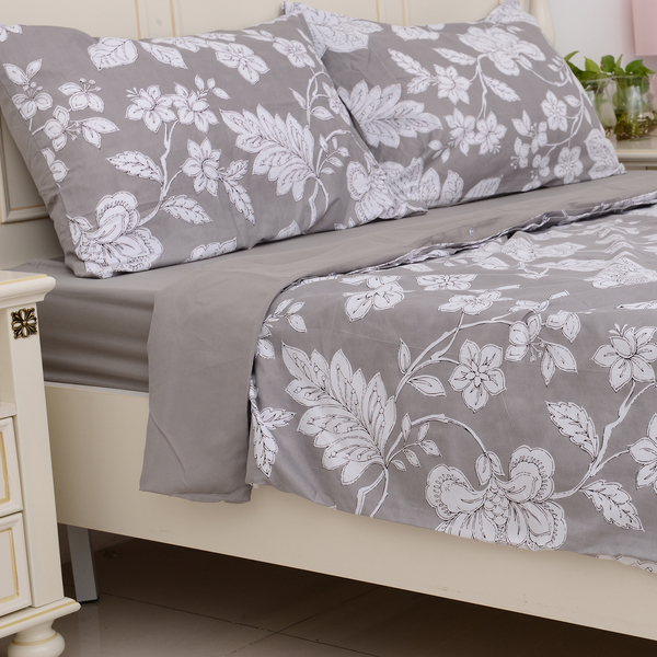 Grey Colour Microfibre Printed Fabric Duvet Cover with Floral Design (Size 200x200 Cm), Fitted Sheet (Size 190x140 Cm) and Grey Pillow Case (Size 75x50 Cm)
