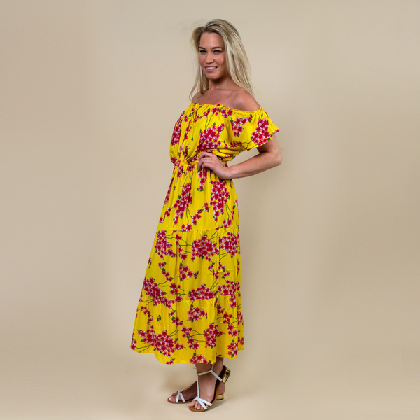 LA MAREY 100% Rayon Floral Printed Maxi Dress (Size - M) - Yellow