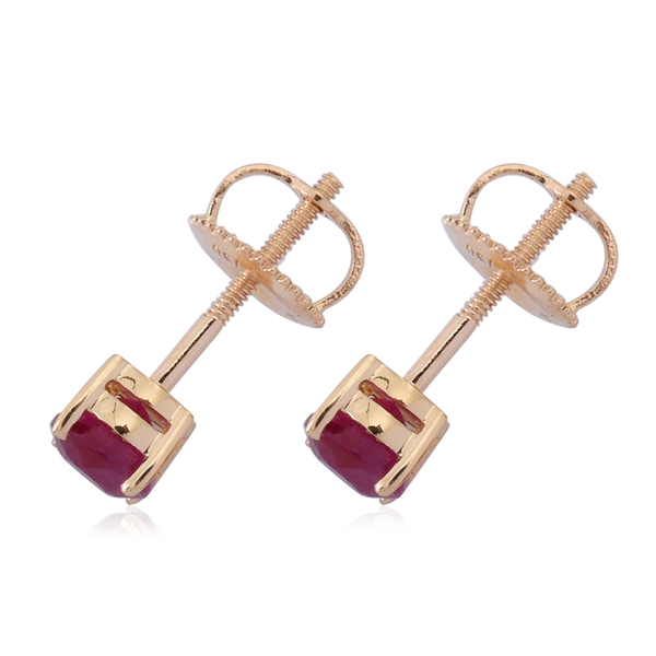 ILIANA 18K Yellow Gold 1 Carat Pigeon Blood Ruby Round Solitaire Stud Earrings with Screw Back.