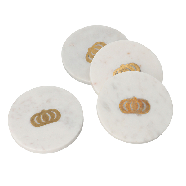 NAKKASHI - Set of 4 - Round Marble Coasters with Crown Brass Inlay (Size 10cm)