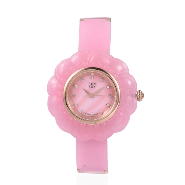 EON 1962 Carved Pink Jade MOP Swiss Movement Water Resistant Watch.Total Ct Wt 116 Cts