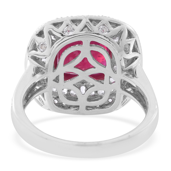 African Ruby (Cush 6.00 Ct), White Topaz Ring in Rhodium Plated Sterling Silver 9.500 Ct. Silver wt 7.00 Gms.